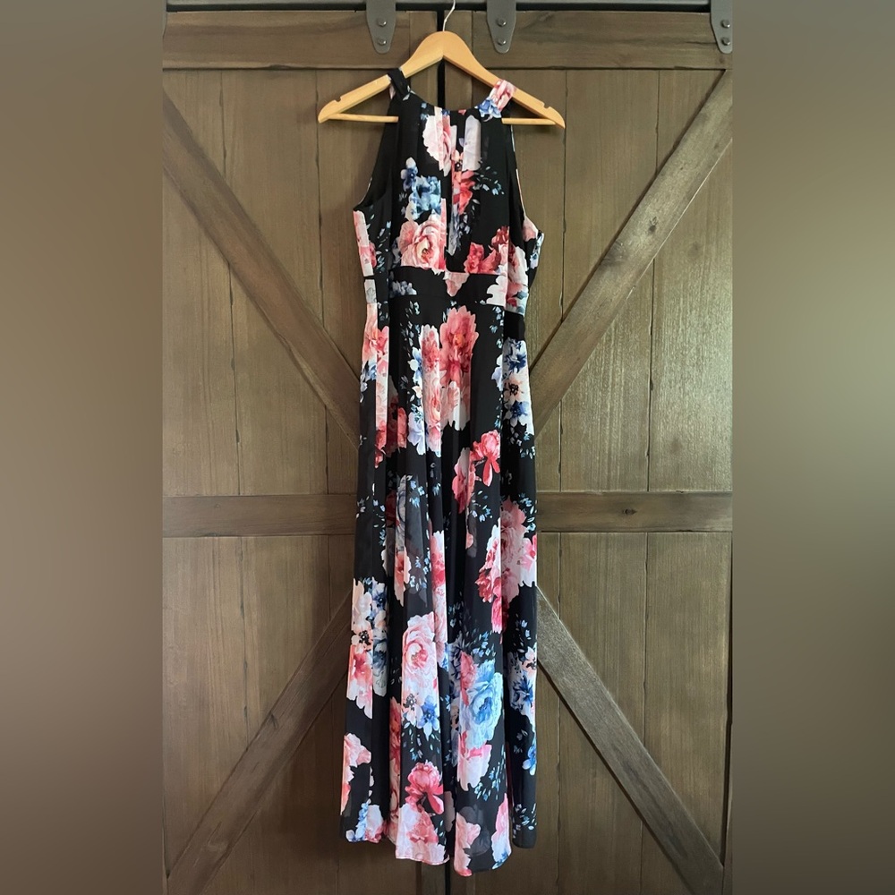 Women’s Elegant Black Floral Sleeveless Halter Neck Maxi Dress